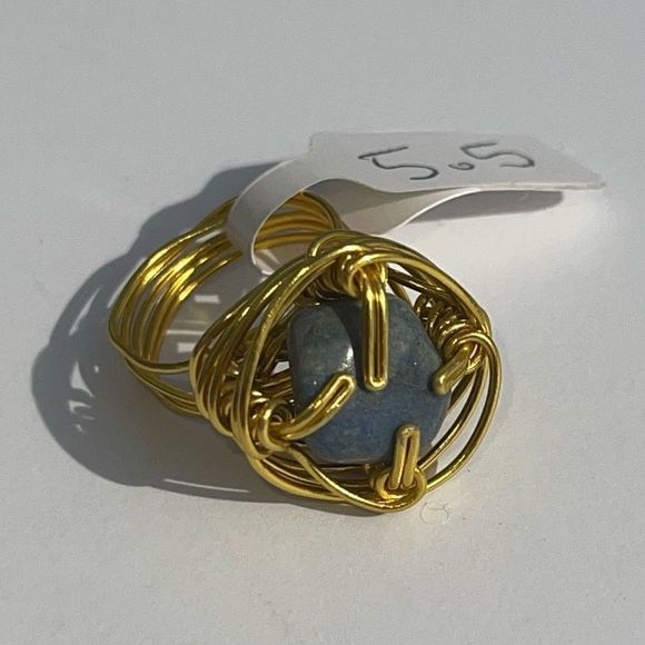 BLUE AVENTURINE QUARTZ ADJUSTABLE WIREWRAPPED CHUNKY GEMSTONE RING - Picture 10 of 16